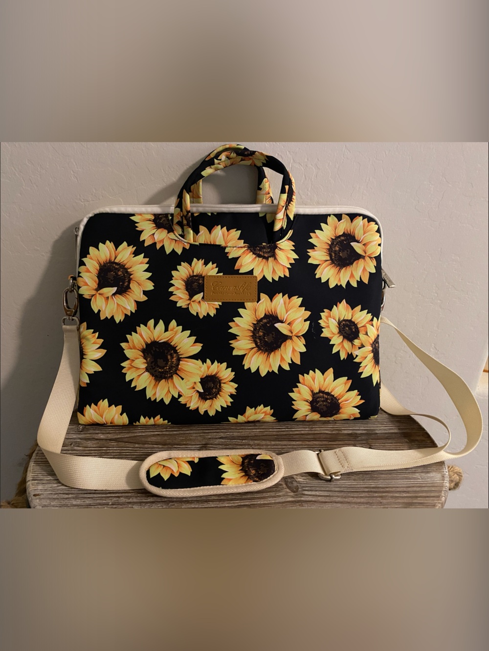Sunflower Print Laptop Tote Bag - Black & Yellow
